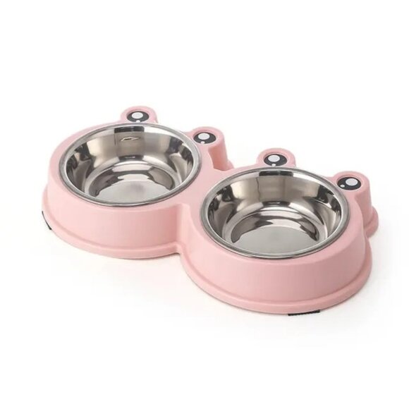 Pet Dog Food Feeder Double Bowl Stainless Steel Rounded Cute Cartoon Frog Style - Picture 6 of 7